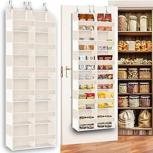 Over the Door Organizer 6 Tiers, Extra Large Behind Door Storage of 12 Compartments,80 lbs Weight Capacity Hanging Storage Organizer with Clear Window Kids Toys, Shoes, Diapers,Beige