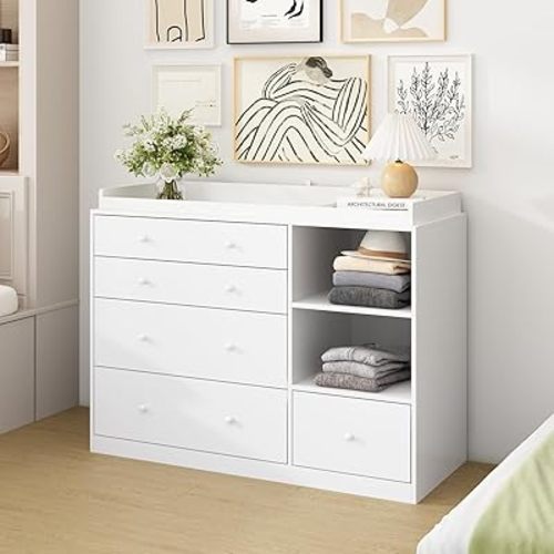 Dresser with 5 Drawers, White Chest of Drawers with Open Shelves, Modern 5 Drawer Chest with Knobs, 5 Drawer Dresser Cabinet for Bedroom Living Room, 19.7”D x 47.2”W x 36.1”H