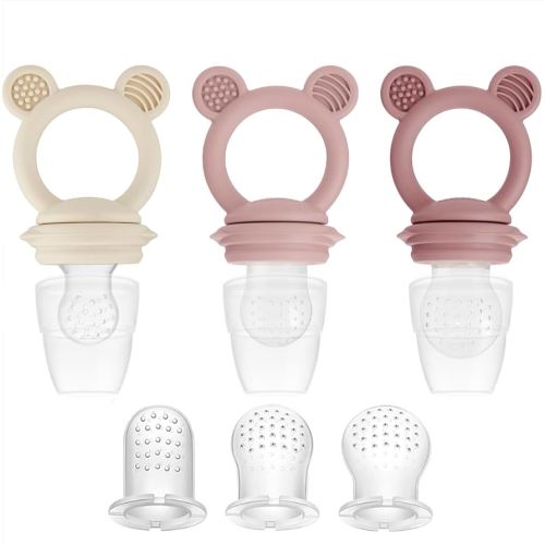 PandaEar 3 Pack Baby Fruit & Food Feeder Pacifier, Silicone Feeder Pacifier with 3 Sizes Pouches for Babies Toddlers Infants Kids, BPA-Free Food Grade Soft Safe (Pink/Linen)