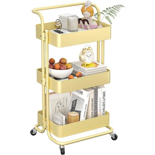 3-Tier Metal Rolling Cart with Wheels, Utility Storage Cart, Multifunctional Organizer Storage for Kitchen, Bedroom, Office, Laundry Room, Dorm Room Essentials (Cream Yellow)