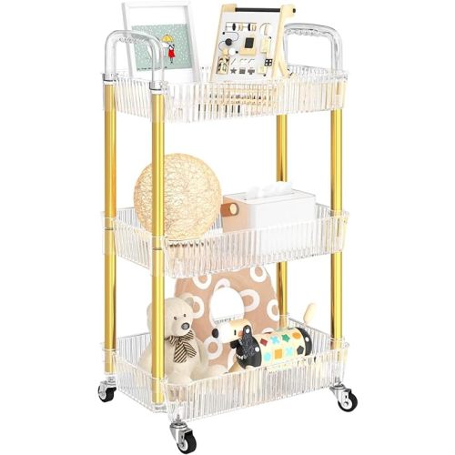 Dttwacoyh 3-Tier Rolling Cart,Makeup Cart with Wheels,Snack Cart,PET and Metal Rolling Cart for Living Room,Kitchen,Office,Bathroom,Golden