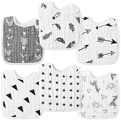 Zainpe 6Pcs Snap Muslin Bibs for Boys Girls Cotton Baby Bibs Machine Washable Adjustable Unisex Burp Cloths with 6 Absorbent Soft Layers for Newborns Toddlers Infants 3 to 36 Months Drooling Teething