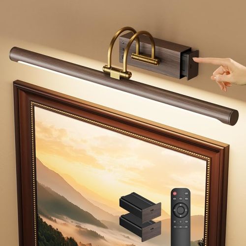 23.6″ Picture Light, Battery Operated Wireless Rechargeable Wall Light with Remote, Dimmable LED Art Light with Timer, Adjustable Design, Wood Grain Finish for Frames, Paintings and Bedroom Wall Decor