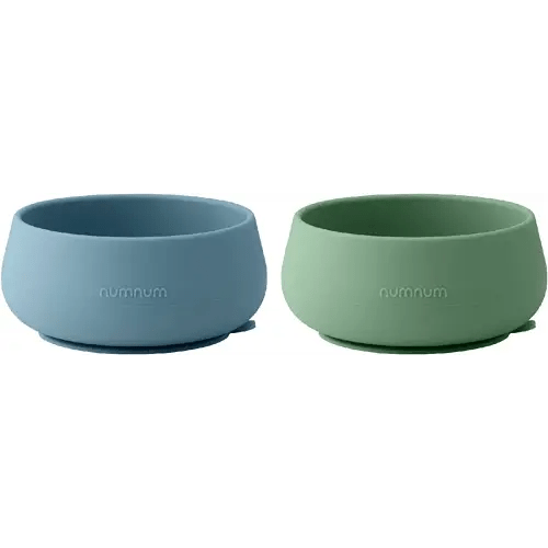 NumNum Suction Bowls | Extra Strong Suction | Non-Slip Design | Durable 100% Food Grade Silicone BPA-Free | for Babies & Toddlers 4 months+, 2 Baby Bowls (Blue/Glacier Green)