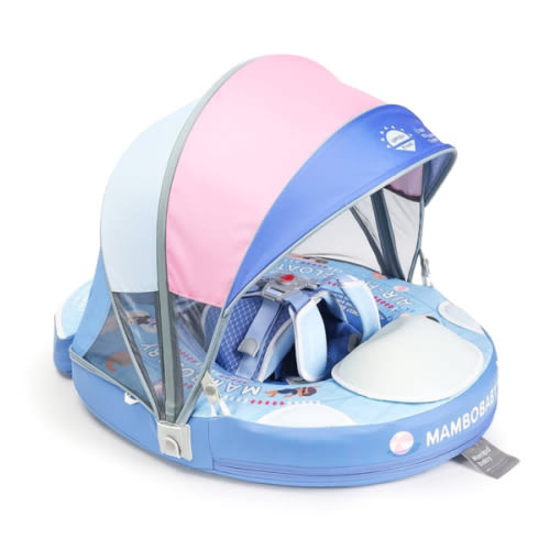 Mambobaby Baby Pool Float with Canopy & Tail Non-Inflatable Solid Baby Swim Float for Infants Toddlers 3-24 Months Upgrade Soft Waterproof Skin-Friendly Material Infant Swimming Float