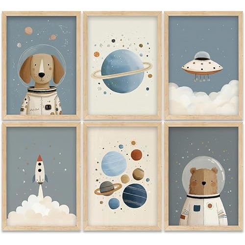 Puncland Cute Space Nursery Wall Art Funny Planet Rocketship and Astronaut Poster Cute Animals Decor Pictures Whimsical Adventure Nursery Painting Print Artwork for Nursery and Kids Bedroom Unframed