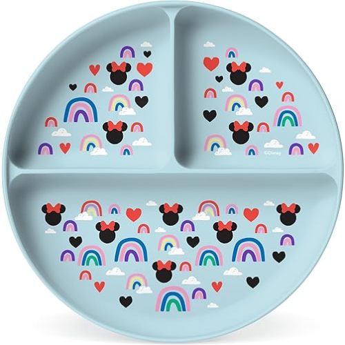Simple Modern Disney Silicone Plate for Baby and Toddler | Divided and Microwave Safe Plates for Kids | Parker Collection | Minnie Mouse Rainbows