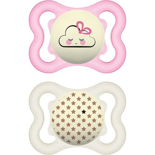 MAM Supreme Night Baby Pacifier, for Sensitive Skin, Patented Nipple, 2 Pack, 0-6 Months, Girl