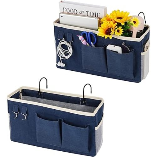 Loghot Bedside Caddy/Bedside Storage Bag Hanging Organizer for Bunk and Hospital Beds,Dorm Rooms Bed Rails,Can be Placed Glasses,Books,Mobile Phones,Keys (2pc Navy Blue)