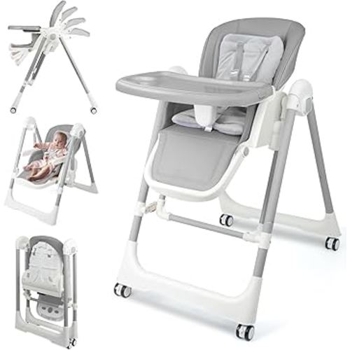 High Chairs for Babies and Toddlers Foldable High Chair Adjustable with Reclining Seat & Leg Rest, 3-in-1 Convertible Baby Swings with Tool-Free Assembly (Grey)