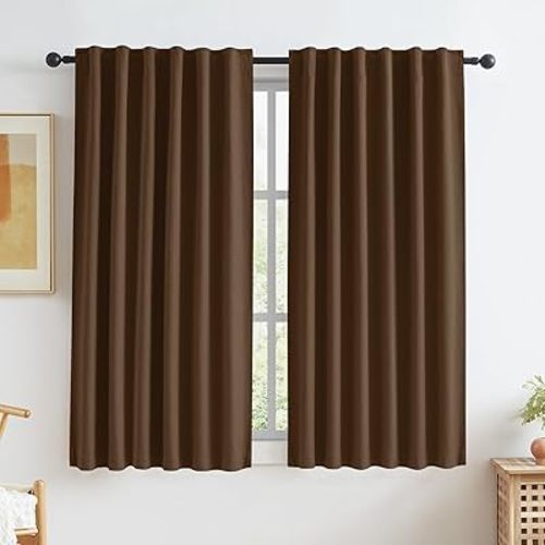 KEQIAOSUOCAI Cocoa Brown Linen Blackout Curtains Back Tab Rod Pocket Hook Belt Privacy Assured Light Bloacking Window Curtains for Bedroom Bathroom W50 x L63 Inch 2 Panels Set Dark Chocolate Brown