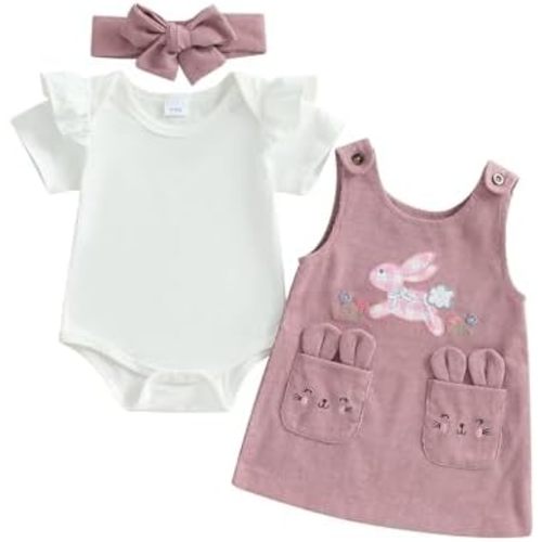 Infant Baby Girl Easter Outfit Short Sleeve Romper Bunny Suspender Skirt Headband Newborn Overall Dress Clothes Set