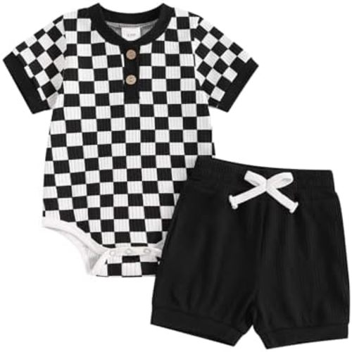 Newborn Baby Boy Girl Clothes Set Ribbed Short Sleeve Striped Romper Top Solid Color Shorts Sets 2Pcs Summer Outfits