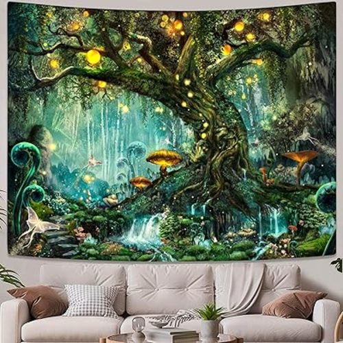 YEXIT Fairy Tales Magical Forest Tapestry, Nature Tree of Life with Elves Landscape Tapestry Wall Hanging for Living Room BedRoom Decoration Green 36×48 inch