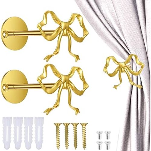 2 Pcs Metal Bow Curtain Holdbacks, Wall Mounted Decorative Curtain Tiebacks with Screws for Living Room Bedroom Home Decor Gold