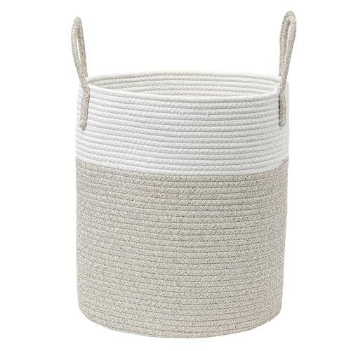 Laundry Baskets, Laundry Hamper,Baby Nursery Hamper for Living Room,Rope Woven Basket for Toys, Bedroom,Blanket Storage with Handle,13.7" X 15.7" Laundry Storage Basket (White & Brown)