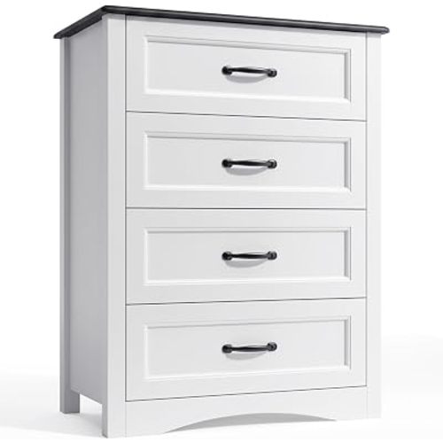 Gizoon 4 Drawer Dresser for Bedroom, Wood Storage Chest, White and Black