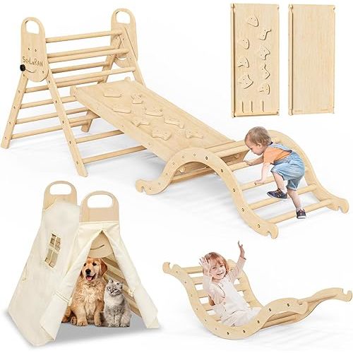 Sehloran Large Size 8 in 1 Pikler Triangle Set with Pinball Game and Tent for Kids, Foldable Toddler Climbing Toys Indoor, Natural Wooden Montessori Climbing Set Jungle Gym with Arch&Ramp&Ladder