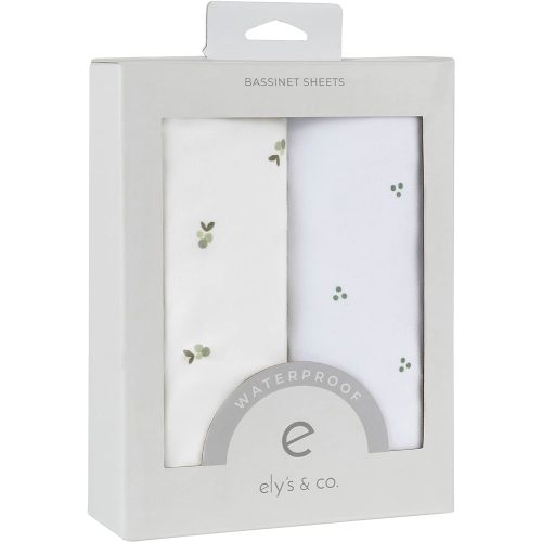 Ely's & Co. Patent Pending Waterproof Bassinet Sheets, 100% Cotton with Waterproof Lining, Built in Bassinet Mattress Protector – 2 Pack Fitted Sheet Set, Berry and Cluster Dot (Sage) 32” x 16”