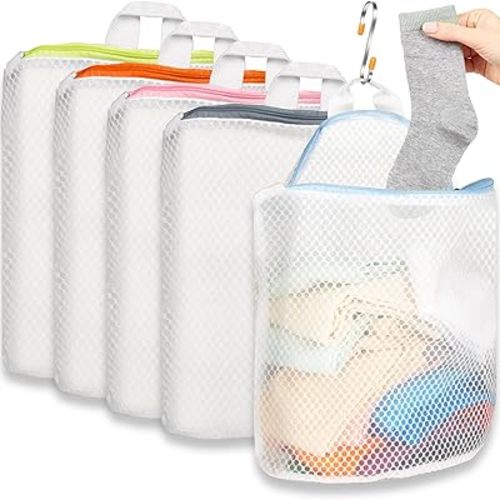 5Pcs Hanging Laundry Bags for Socks with S Hooks, 5 Color Mesh Laundry Bags for Washing Machine