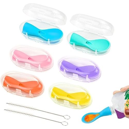 Morlike Baby Food Pouch Topper Silicone Spoons with Travel Cases, Squeeze Pouch Attachment Toppers for Travel and Feeding (6 Pack) - Not Include Squeeze Pouch