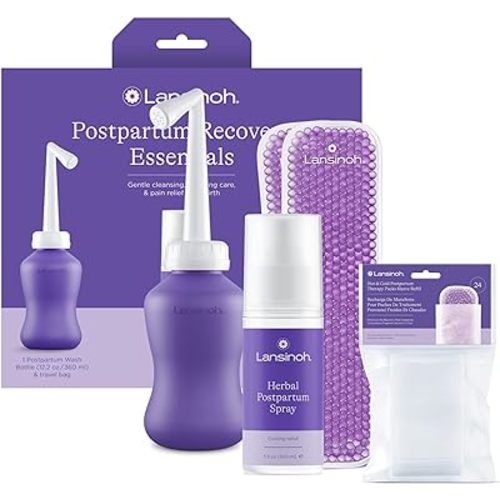 Lansinoh Postpartum Kit, Includes Upside Down Peri Bottle, Herbal Perineal Spray, Reusable Perineal Ice Packs and Sleeve - Postpartum Essentials Recovery Bundle