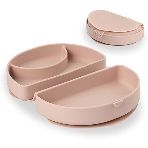 Miniware Baby Travel Plate with Suction - Foldable Silicone Baby Travel Essential to Promote Self-Feeding - Dishwasher Safe, BPA Free, Food Grade Silicone Baby Plate for On The Go - Pink Silifold