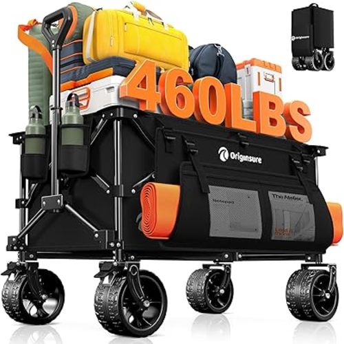 38" L Collapsible Wagon Cart Foldable, 460LB Weight Capacity 220L Heavy Duty Folding Beach Wagons with Big All-Terrain Wheels, Utility Carts for Groceries, Shopping, Camping, Sports - Black