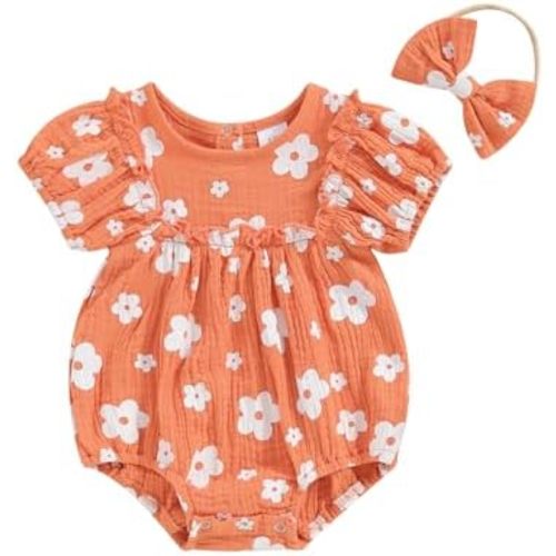 Baby Girl Rompers Daisy Print Short Sleeve Infant Bodysuit Summer Newborn Girl Linen Cotton Jumpsuit Clothes Headband