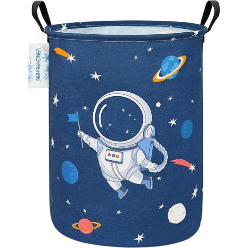 LANGYASHAN Laundry Basket Canvas Fabric Collapsible Organizer Basket for Storage Bin Toy Bins Gift Baskets Bedroom Clothes Children Nursery Hamper (Blue Space Astronaut)