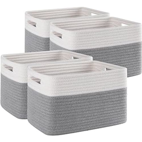 SIXDOVE 4 Pack Shelf Baskets for Organizing Home - Perfect for Toys, Books, and Clothes, Versatile Woven Storage Baskets with Handles, Durable Cube Storage Bins, 12.7''L x9''W x7.8''H, Grey and White