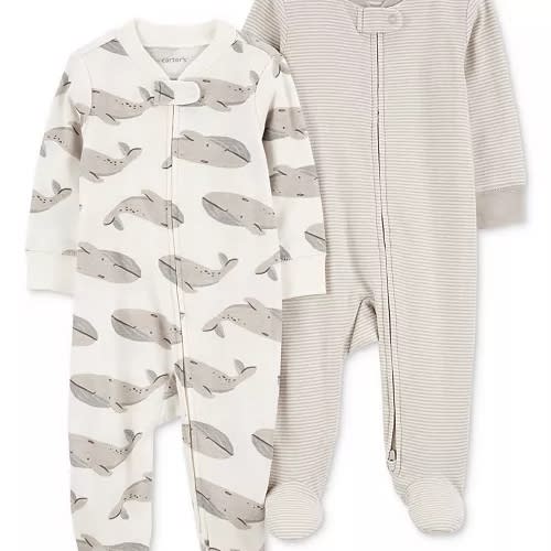 Baby Cotton 2-Way-Zip Footed Sleep and Play Coveralls, Pack of 2 - Gray Whales