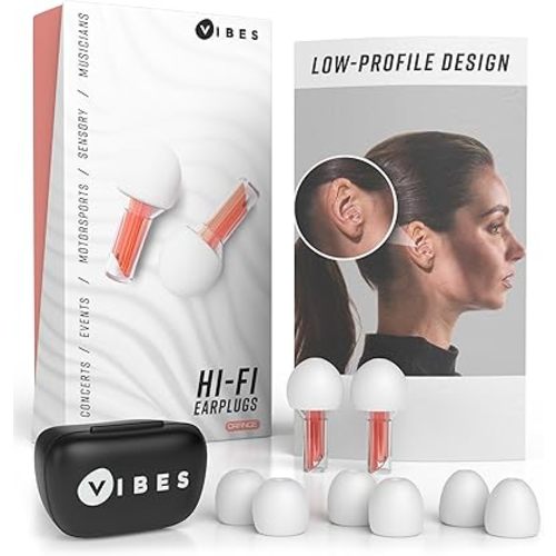 Vibes High Fidelity Ear Plugs - Invisible Earplugs for Music Concerts, Musicians, Motorcycles, Airplanes, Raves, and Work - Noise Reduction and Hearing Protection - Fits All Ears - Orange