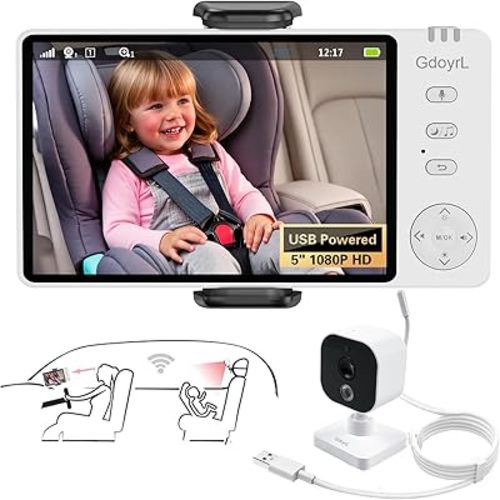 Wireless Baby Car Camera Monitor 5" HD 1080P IPS, 360° Rotating Camera with Auto/Manual Night Vision, 1000ft Range, Anti-Glare Display & USB Charging for Backseat, Home, Travel，Camping