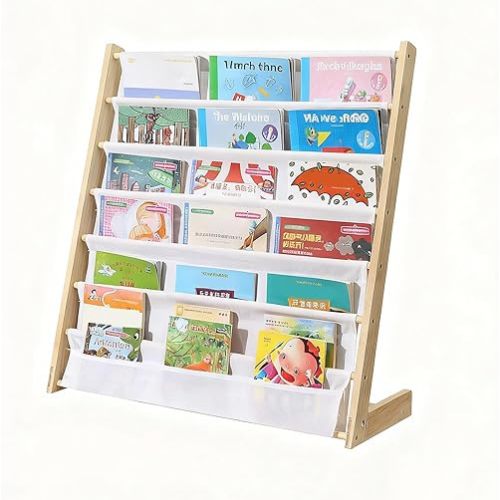 Wooden Bookshelf for Kids, 6 Tier Kids Book Rack with Canvas Display Shelf for Bedroom, Living Room, Playroom, Storage Organizer, Natural Wood Storage