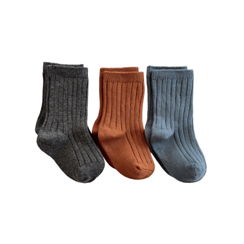 3-Pack Basic Ribbed Socks, Charcoal, Cinnamon, Blue