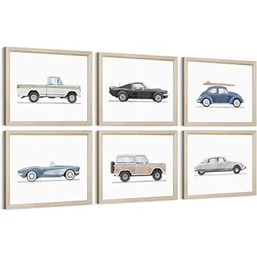Blue Car Wall Art Decor Boys Room Wall Art Vintage Cars Canvas Poster Pictures Toddler Kids Room Prints Watercolor Vehicle Artwork Painting for Boys Bedroom Nursery 8x10 Inch Wood Framed Set of 6