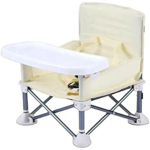 Portable Baby Chair with Removable Tray – Folding Booster Seat for Toddlers 6 Months to 3 Years, Lightweight Travel Highchair for Camping, Beach, Outdoor & Dining Table Use Beige (Beige)