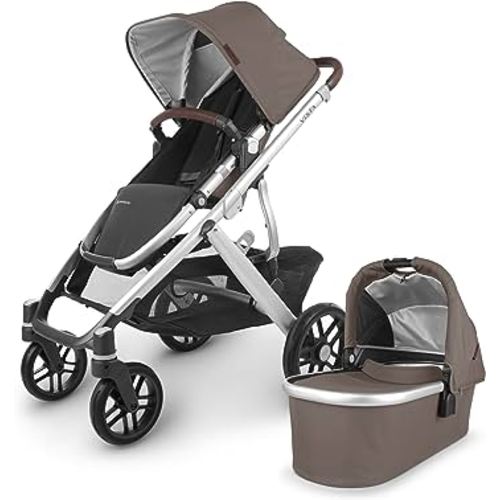 UPPAbaby Vista V2 Stroller/Convertible Single-to-Double System/Bassinet, Toddler Seat, Bug Shield, Rain Shield, and Storage Bag Included/Theo (Dark Taupe/Silver Frame/Chestnut Leather)