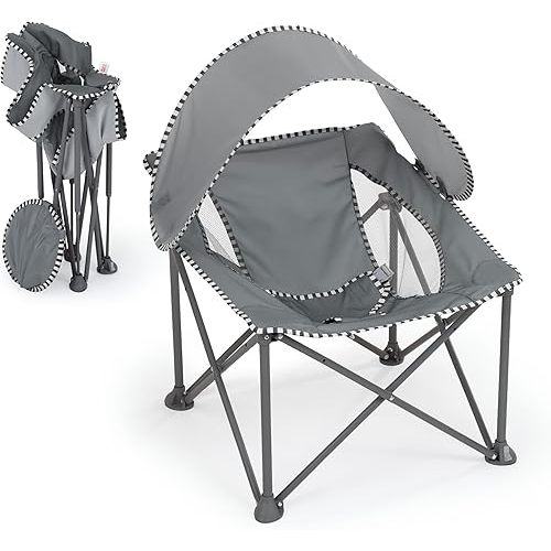 Bright Starts Pop 'N Chill Travel Seat, Indoor/Outdoor Use, Infant Seat with UPF 50+ Canopy, Grey, Ages 0-6 Months