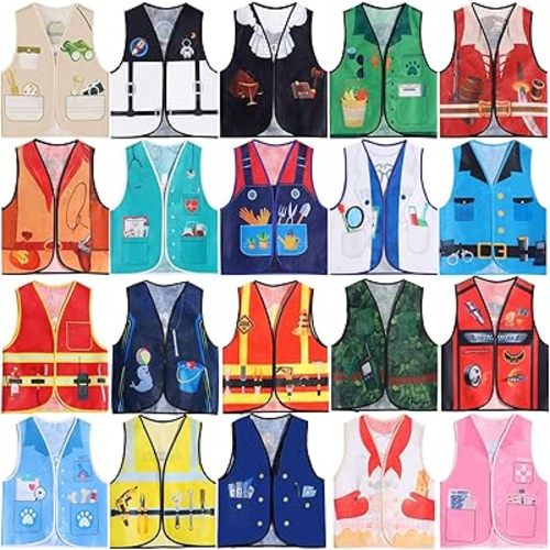 20 PCS Kids Community Helper Dress Up Vest Career Costumes Role Play Career Cosplay Clothes Pretend and Play Costume for Kids Dress up Doctor Police Fireman Car Racer Cowboy Farmers Worker Pirate