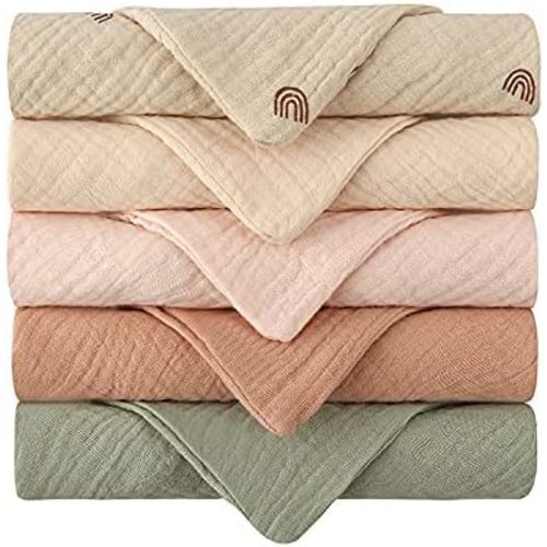 COCOAbi 100% Muslin Baby Washcloth Set in Rustic Boho Colors and Pattern in a Soft 5pc Set