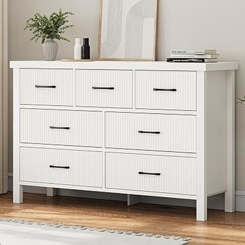 White Dresser 7 Drawer Dresser for Bedroom, Modern Fluted Dresser with Solid Wood Legs, Long Double Wooden Dresser Large Chest of Drawers for Living Room, Entryway, Hallway (White Fluted)