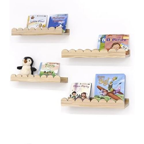 Scalloped Shelves for Nursery - Wall Book Shelves for Bedroom Kids, Nursery Bookshelf for Wall Set of 4, Floating Book Shelves Solid Wood,16 Inch, Natural