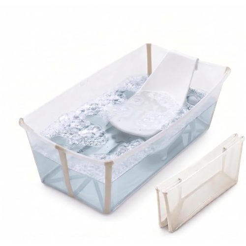 Stokke Flexi Bath Portable Baby Bathtub Bundle with Heat-Sensitive Plug and Newborn Baby Bath Support, White Grey