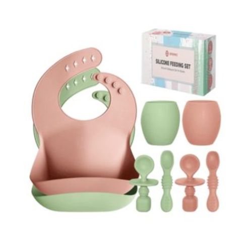 Toddler Baby Silicone Feeding Set - Baby Led Weaning Utensils, Silicone Bibs Feeding Cups Smooth Waterproof Material For Practical Eating, Set of 8