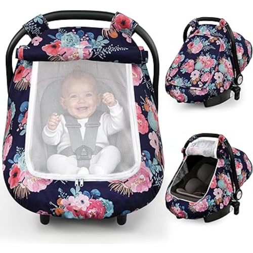 Elstey Car Seat Cover Baby, Minky Dot Carseat Covers Baby Girls, Lightweight Infant Car Seat Cover Canopy with 2 Layers Breathable Mesh Windows, Stroller Carrier for Babies Newborn Essentials