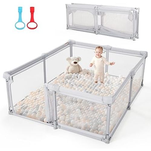 Baby Playpen,79"x59" Foldable Baby Playpen for Babies and Toddlers with Gate,Large Play Pen with Zipper Door,Baby Play Pen Play Area(Light Grey)