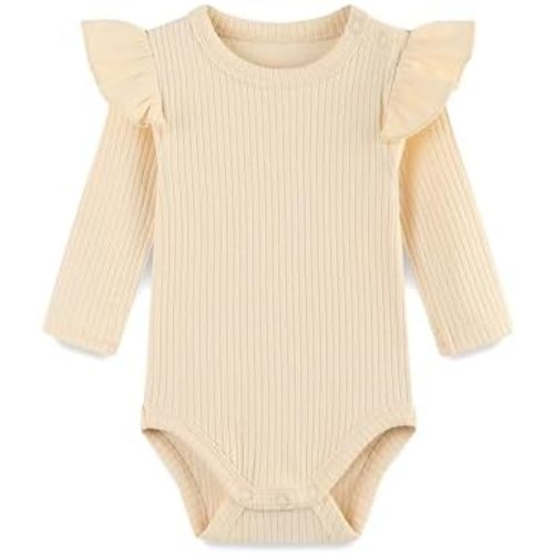 Baby Girl Knit Ruffle Outfit Clothes Ribbed 100% Organic Cotton Solid Color Long Sleeve Romper Clothes 0~24M