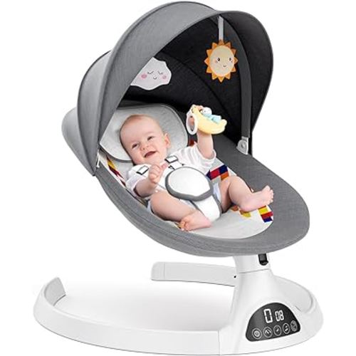 Baby Swing - 5 Sway Speeds Baby Swings for Infants with 12 Preset Lullabies and Bluetooth, 3 Timer Settings, Portable for Baby 5-20Lb, Grey